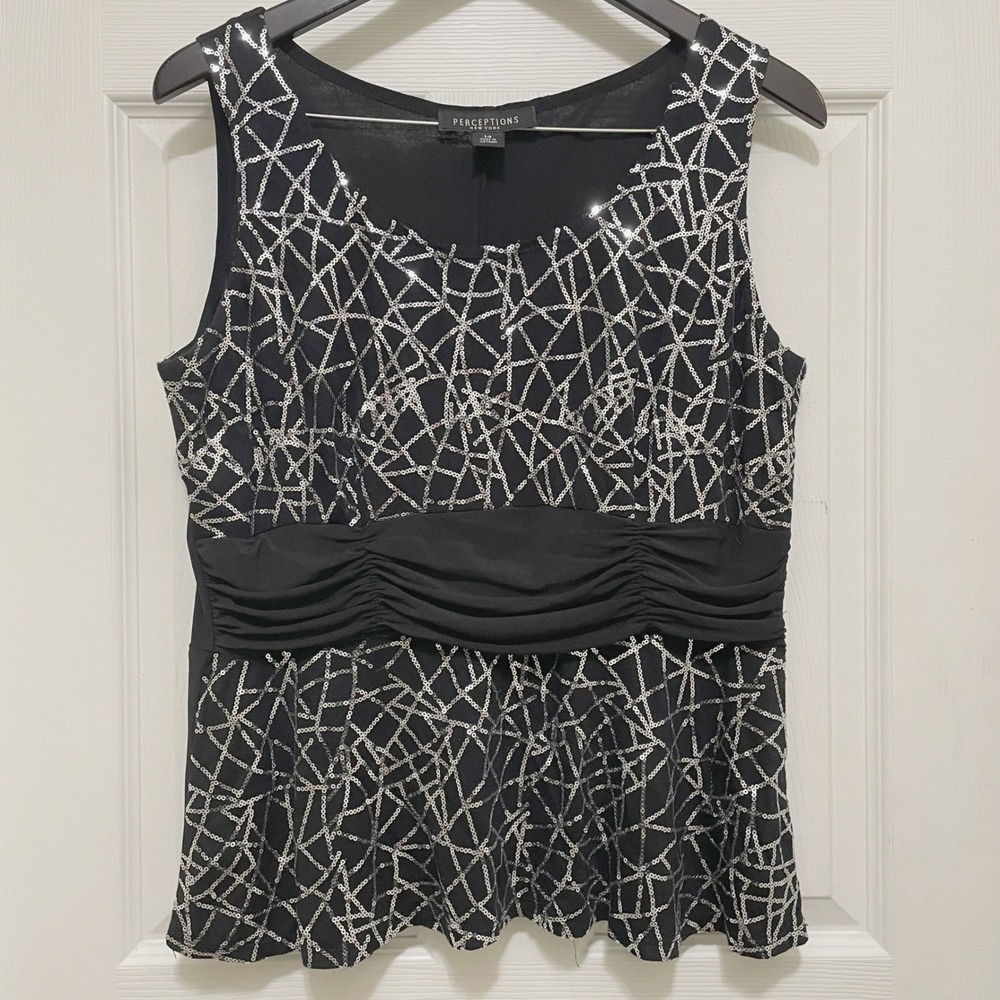 Perceptions New York Black Sequin Tank Top Empire Waist Party Club Bling Size 14